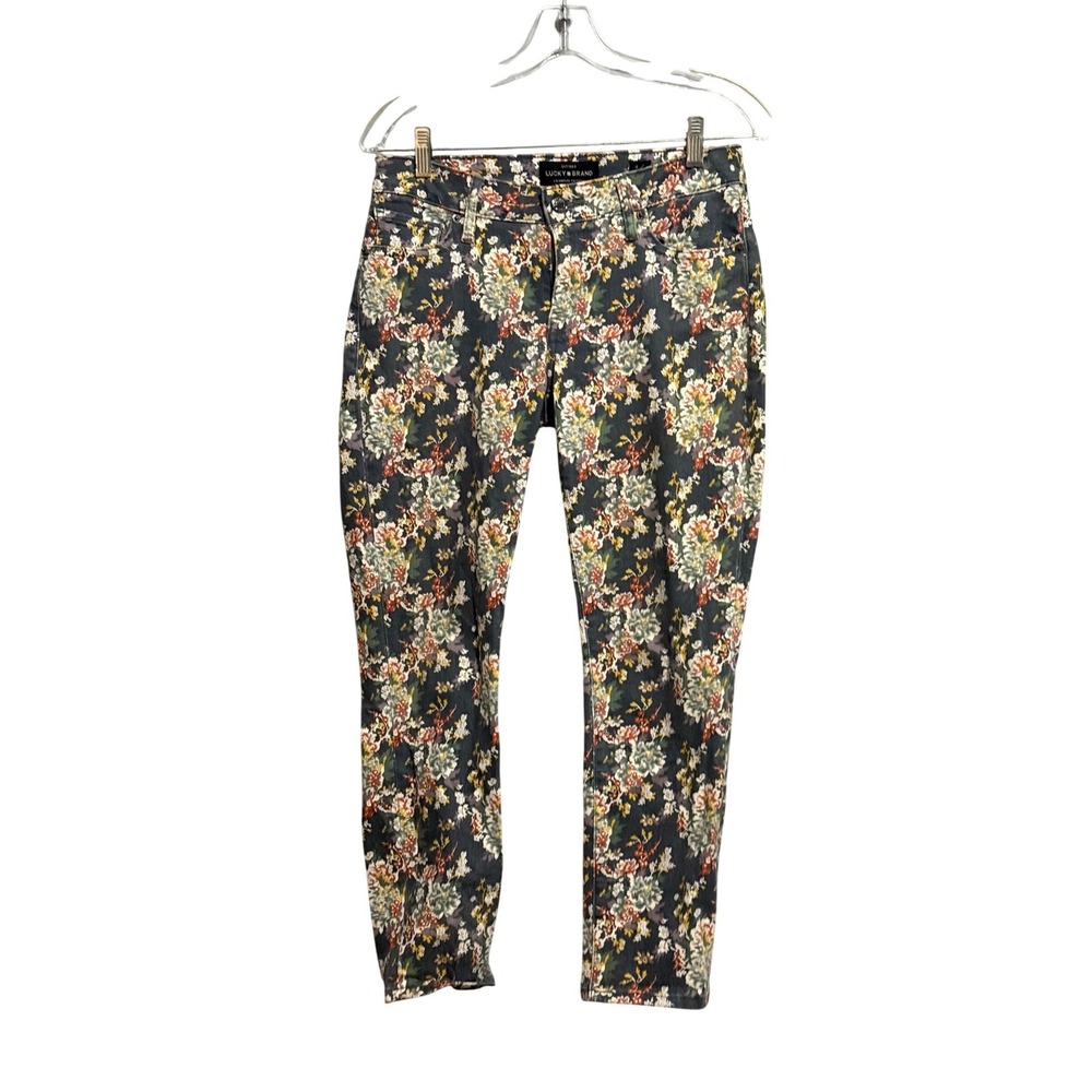 Lucky Brand Floral Skinny Jeans Womens 4/27 Dark‎ Gray Botanical Print Mid Rise